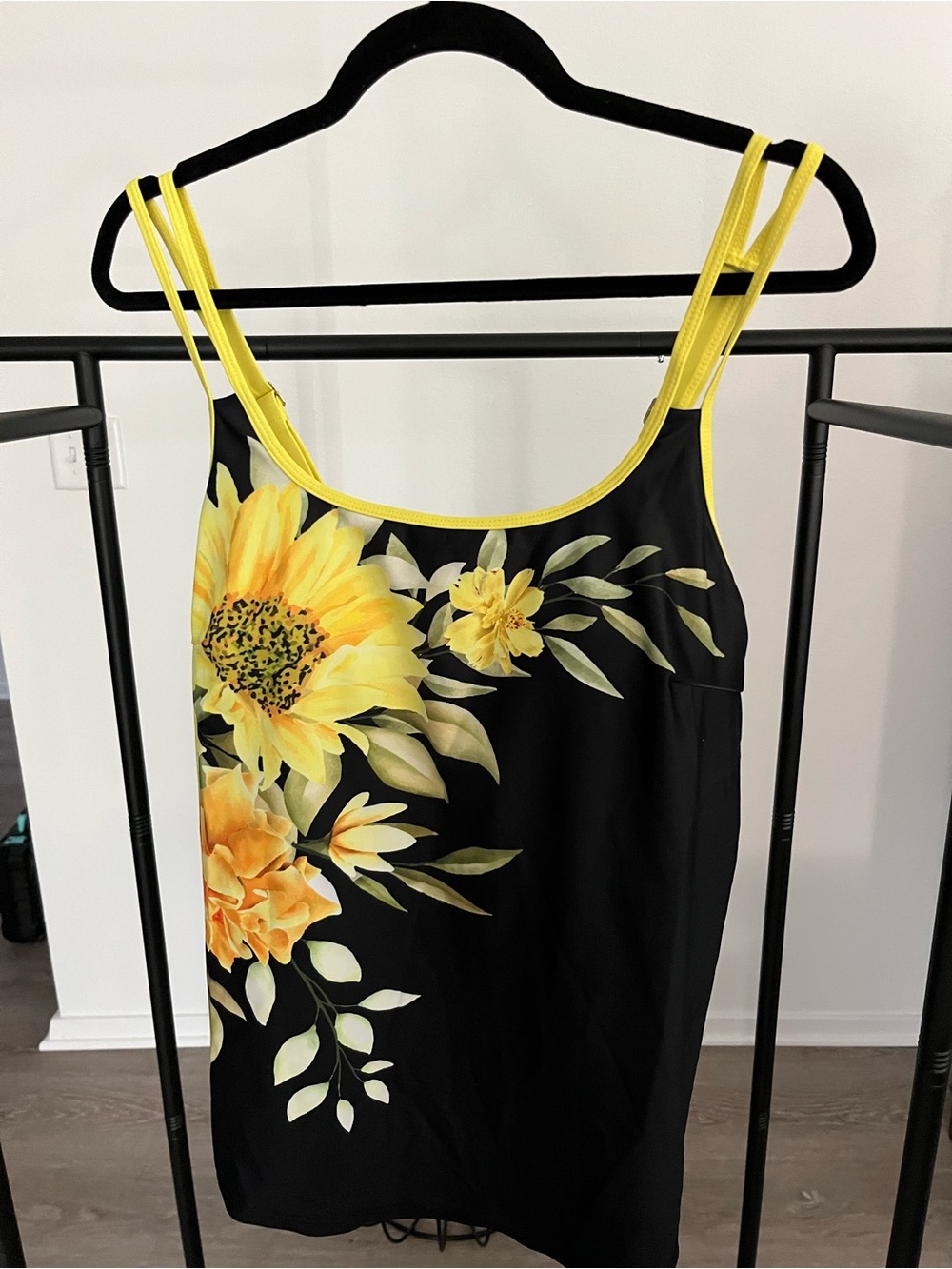 Black Swim Tank with Yellow Floral Print